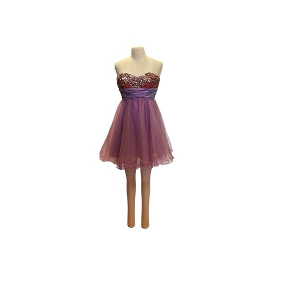 Strapless Sequined Chicas Dress S Purple Tulle & Satin Made In China Short Prom - Picture 7 of 9